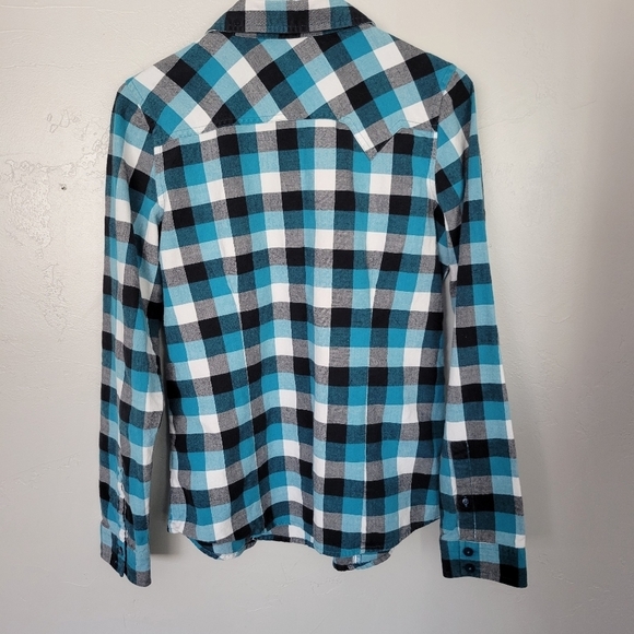 Vans Boys Large Long Sleeve Button Up Shirt Blue Black White Plaid Check Top - Picture 7 of 7